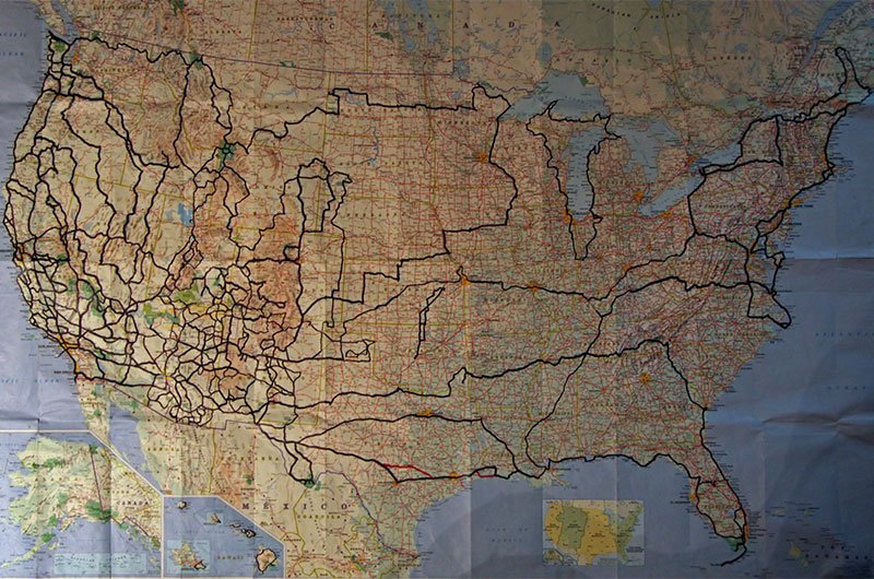 Map on the United States detailing John and Caroline Wise's travels