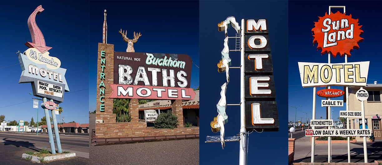 Old fashioned motel signs on Main Street in Mesa, Arizona