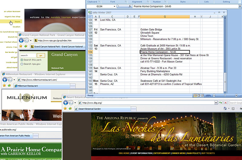 Screen capture of some of the details that will make up the travels and activities for my mother-in-law's visit from Germany to America this winter.