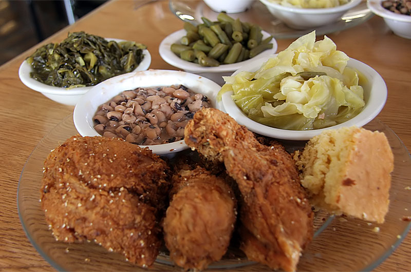 Fried chicken and mixed veggies at the awesome soul food restaurant Stacy's in downtown Phoenix, Arizona