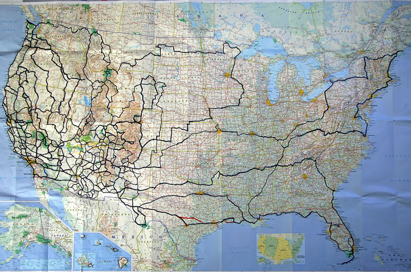 United States map with black highlights showing the roads Caroline and I have travelled over the past six years