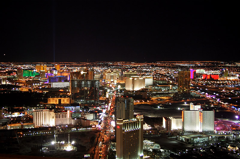 Las Vegas Boulevard at night as seen from the observation tower of the Stratosphere one thousand feet above the desert floor