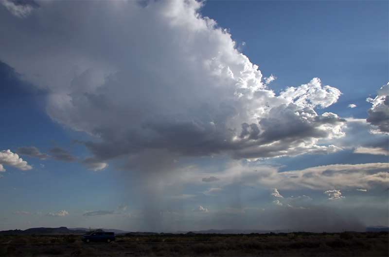 A mini monsoon featuring rain, dust storm and wind all in one photo set against a blue sky in Arizona