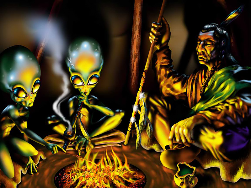 Native American embracing the alien - Artwork by Dion Terry 