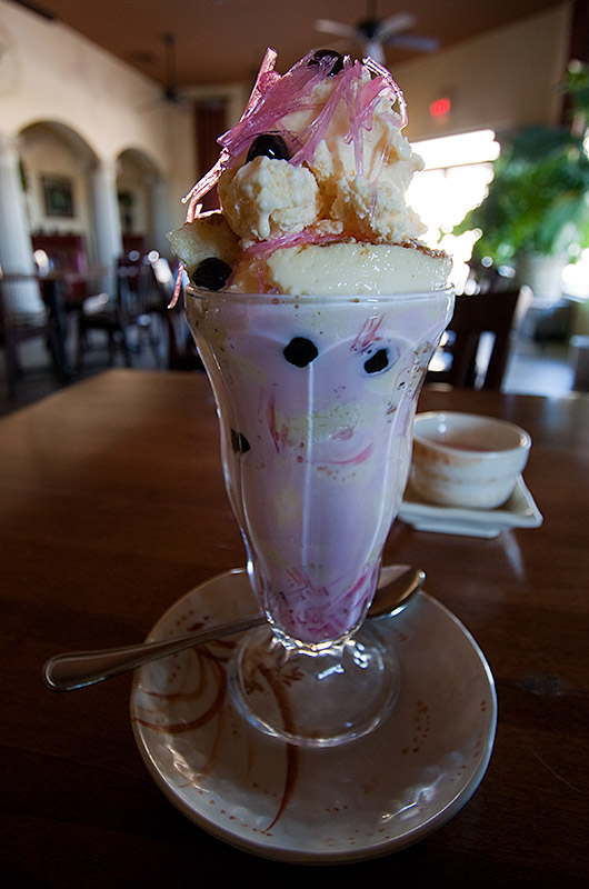 Falooda - an ice cream, custard, boba, agar jelly noodle, and rose syrup milk dessert treat from Little Rangoon restaurant in Scottsdale, Arizona