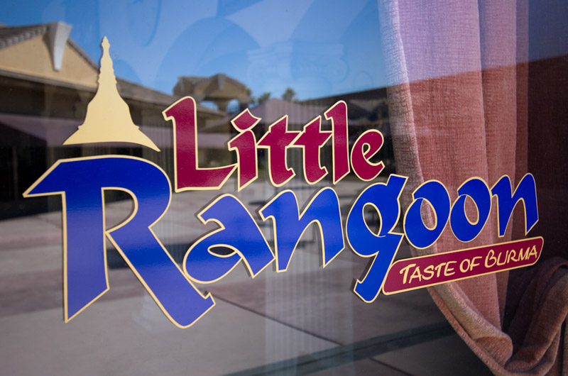 Front window with logo from Little Rangoon Taste of Burma restaurant in Scottsdale, Arizona