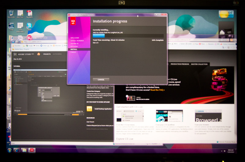 Photo of my monitor while installing Adobe CS5 Production Premium
