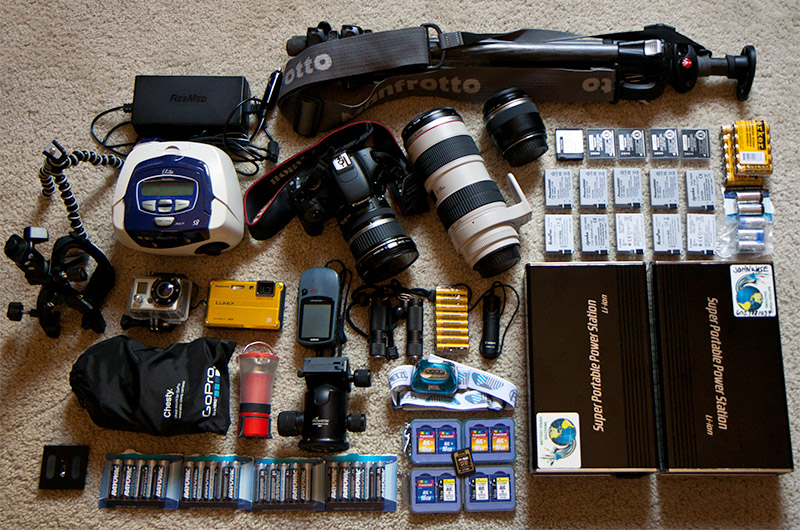 Various cameras, batteries, and electronic gear going down the Colorado River through the Grand Canyon National Park on an 18 day dory trip