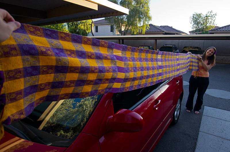 Caroline Wise and her 8 feet of hand woven towels - her first ever.