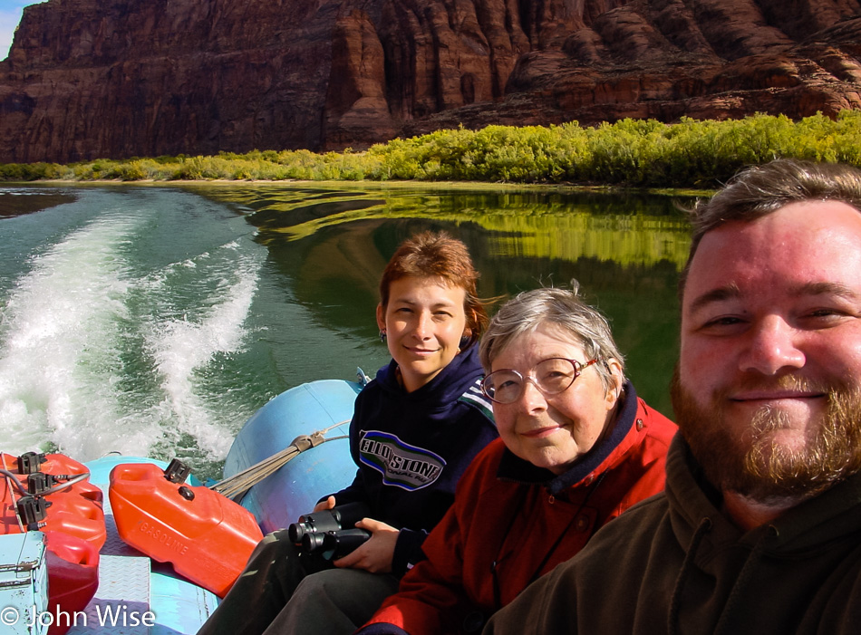 Caroline Wise, Jutta Engelhardt, and John Wise on the Colorado River between Lake Powell and Lee's Ferry at the Grand Canyon in Arizona