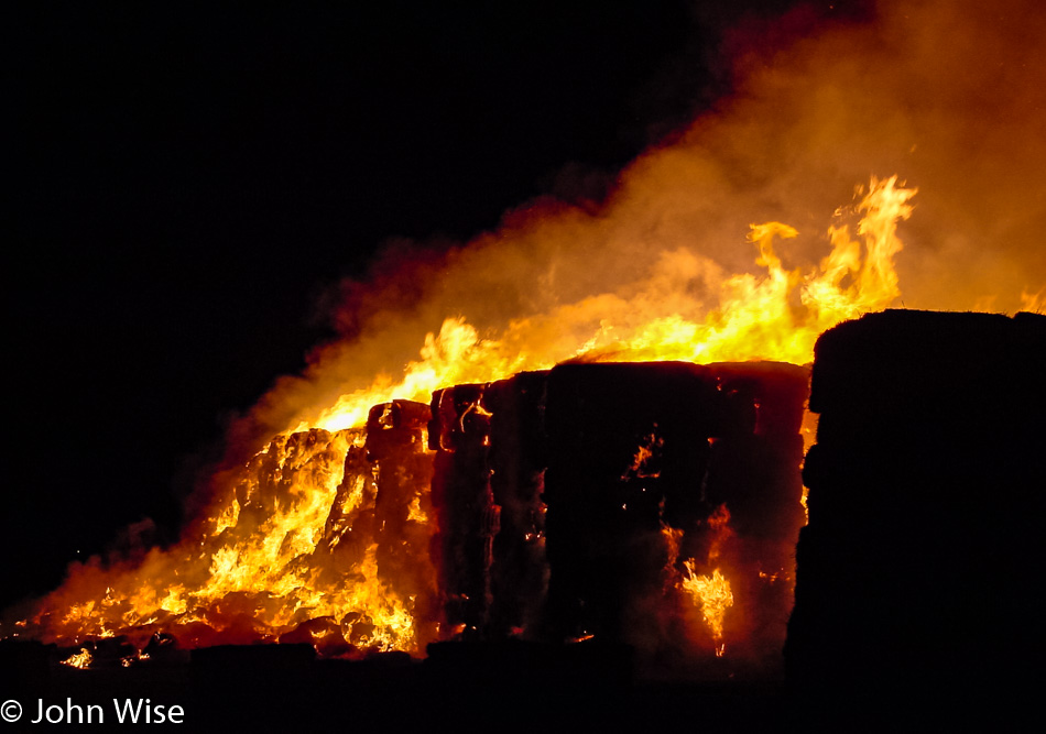 Burning hay bales in Blythe, California