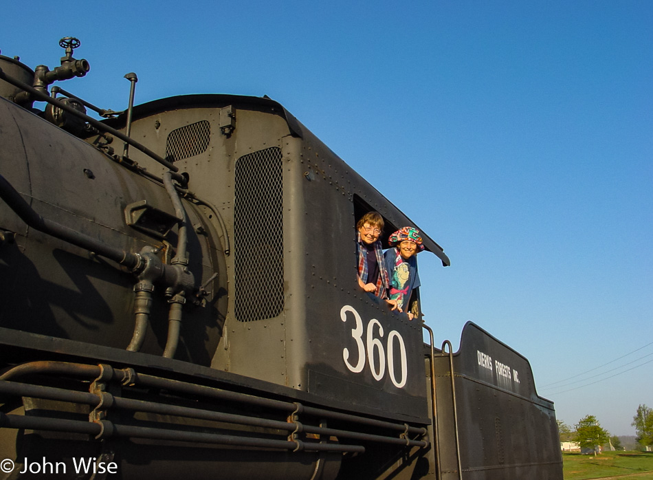 Jutta Engelhardt and Caroline Wise on Steam Engine #360 at Queen Wilhelmina State Park in Mena, Arkansas