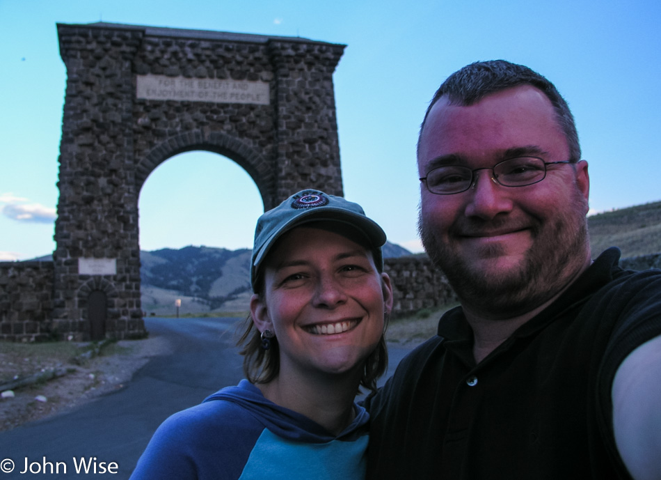 Caroline Wise and John Wise at the Roosevelt Entrance at Yellowstone National Park in Wyoming