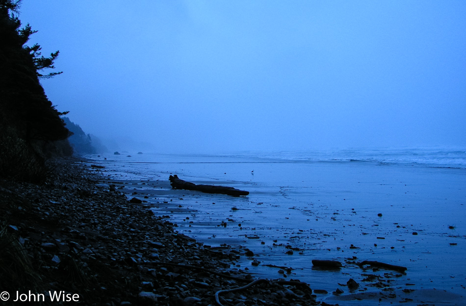 On the beach shortly after dawn on a foggy day on the coast of Oregon