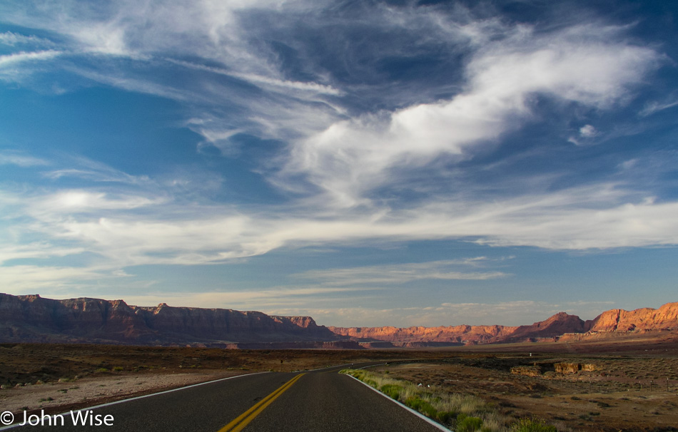 The Vermillion Cliffs on the left and Echo Cliffs on the right, the road is about to fork towards Lake Powell northeast and Marble Canyon northwest in Arizona