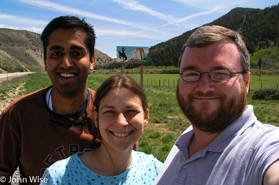 Jay Patel, Caroline Wise, and John Wise about to enter Wyoming on our cross-country road trip