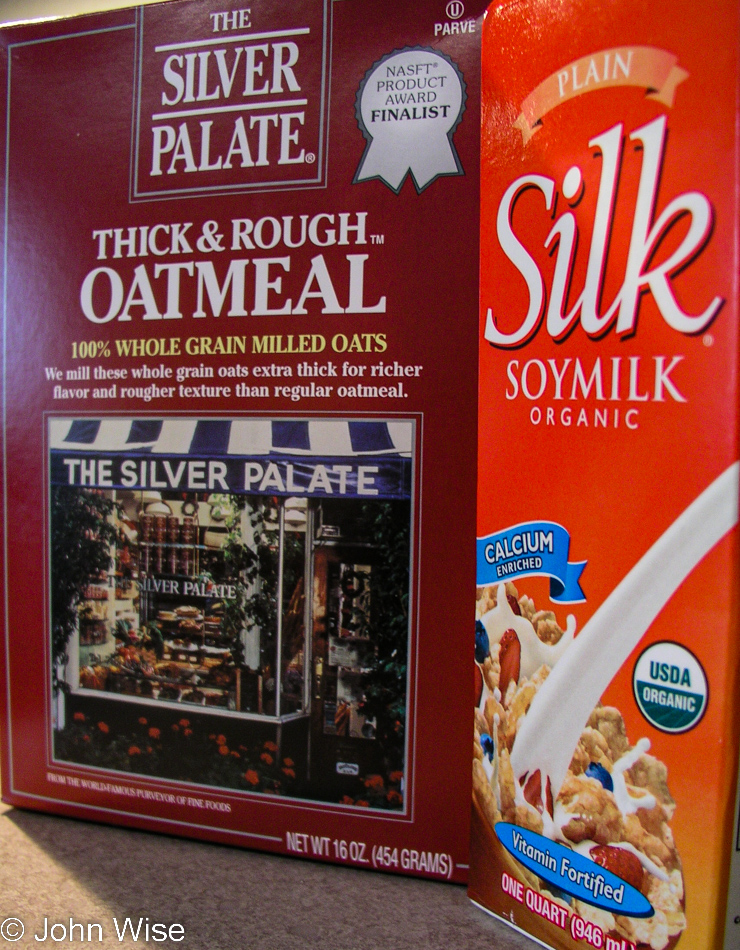 A typical breakfast consists of oatmeal with raisins, walnuts, various fruit and soy milk