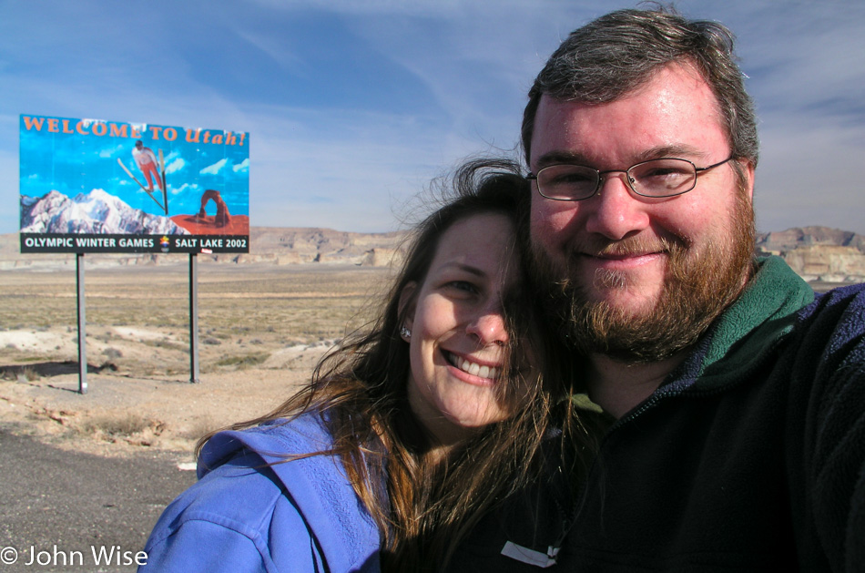 Caroline Wise and John Wise at the Utah State line with Arizona