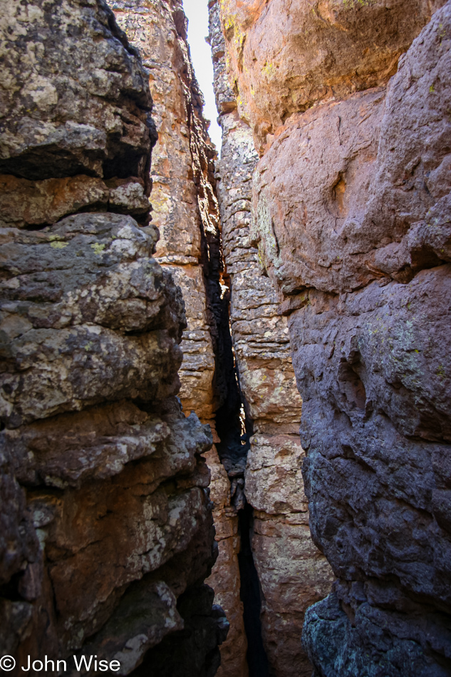 A crack an inch or two wide in the rocks at Chiricahua National Monument in Arizona