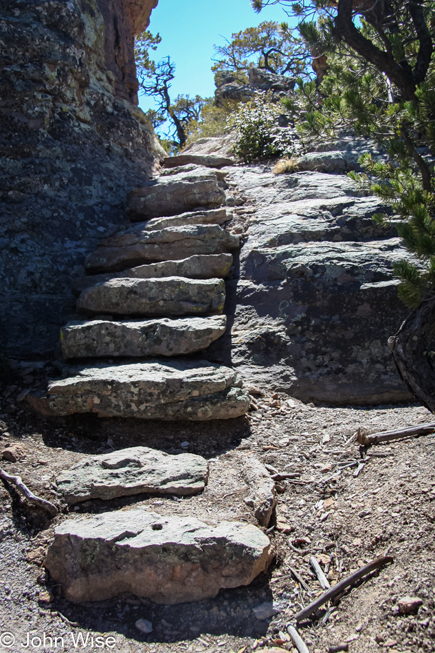 Stairs on the trail in Heart of Rocks at Chiricahua National Monument in Arizona