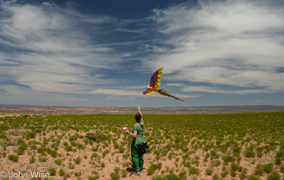 Caroline Wise flying a kite on the Navajo Reservation in Arizona