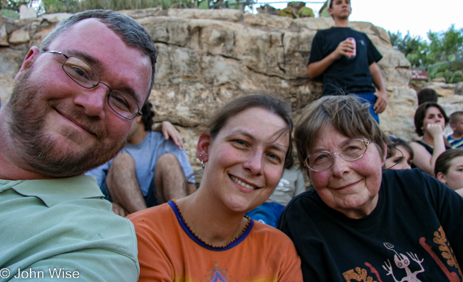 John Wise, Caroline Wise, and Jutta Engelhardt at the bat flyout at Carlsbad Caverns National Park in New Mexico