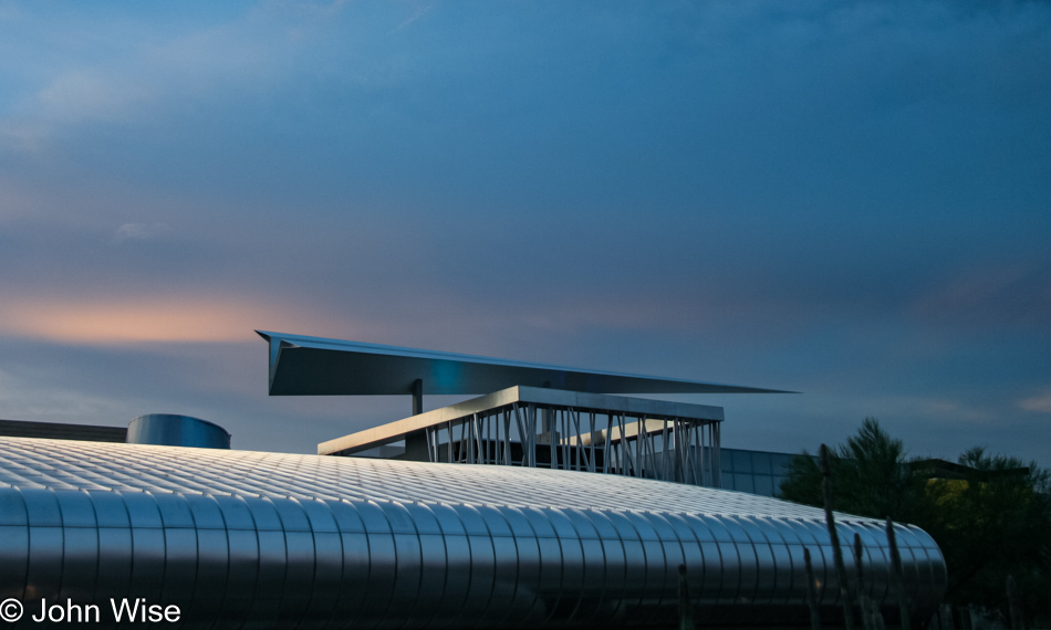 This new building at the Scottsdale Airpark features an aluminum or stainless steel version of a paper airplane