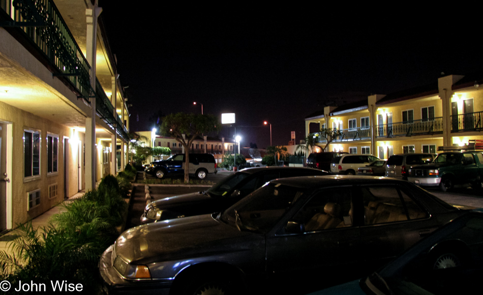 Nearly morning at the California Inn when we check in for a few hours of sleep on our way to Santa Barbara, California