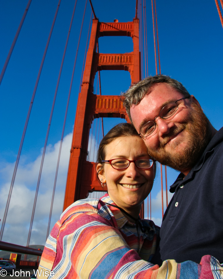 Caroline Wise and John Wise on the Golden Gate Bridge in San Francisco, California
