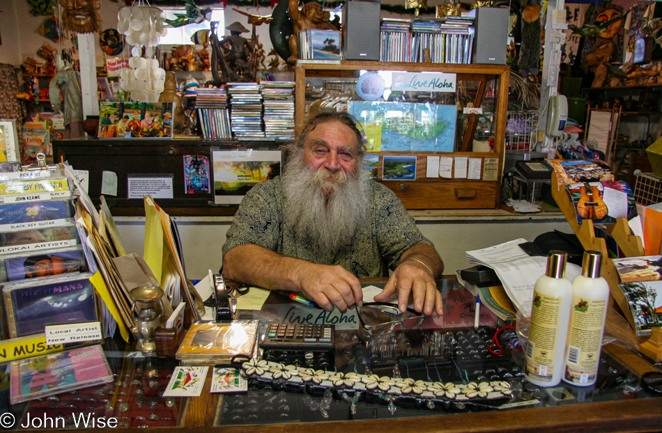 Shop owner at the Plantation Gallery in Maunaloa on Molokai, Hawaii