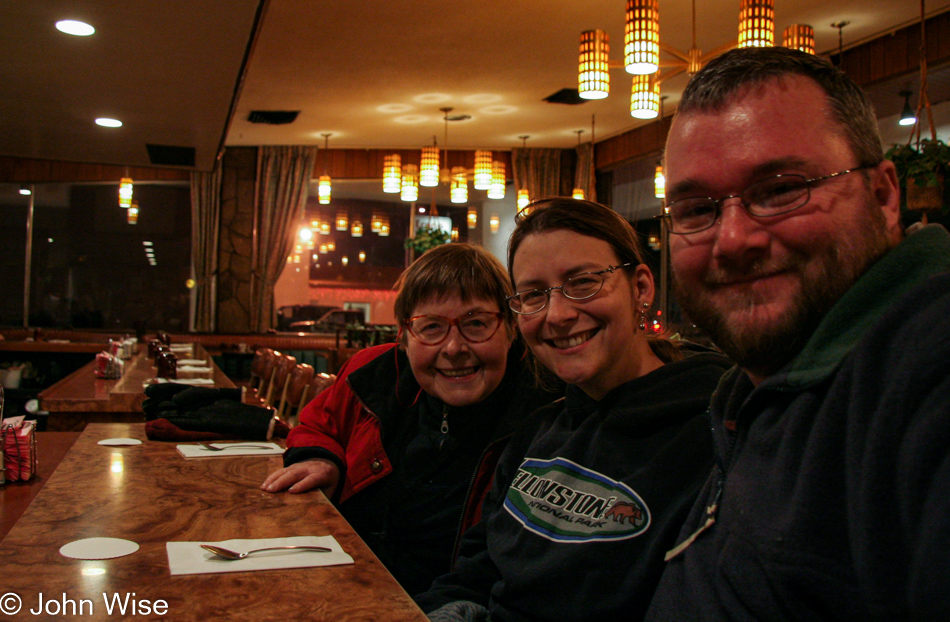 Jutta Engelhardt, Caroline Wise, and John Wise at El Camino Family Restaurant in Socorro, New Mexico