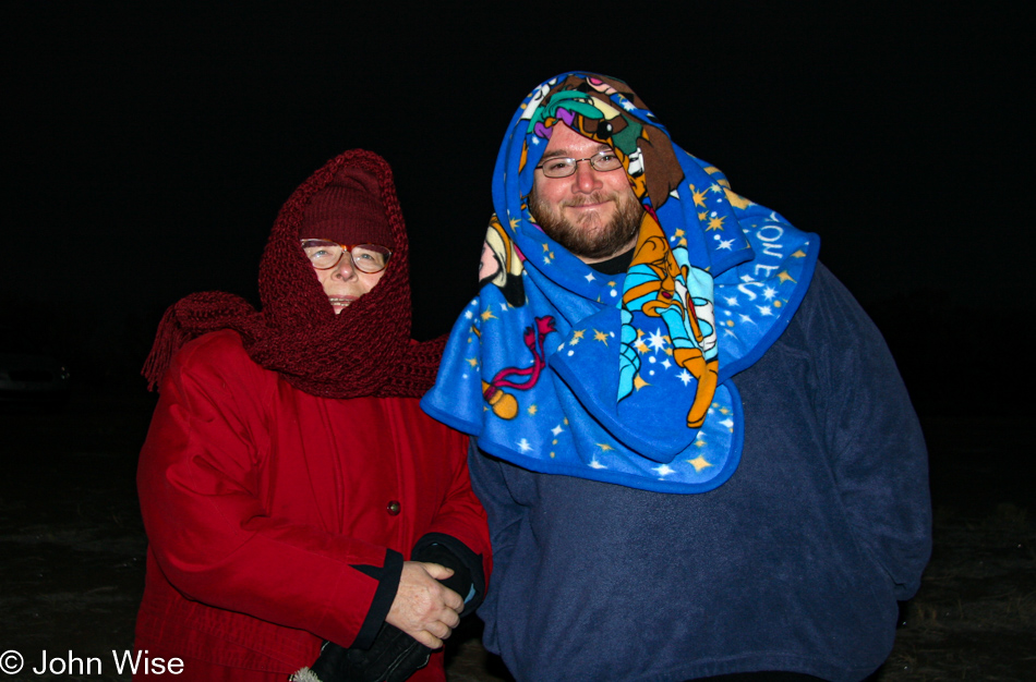 Jutta Engelhardt and John Wise freezing at Bosque del Apache National Wildlife Refuge in New Mexico