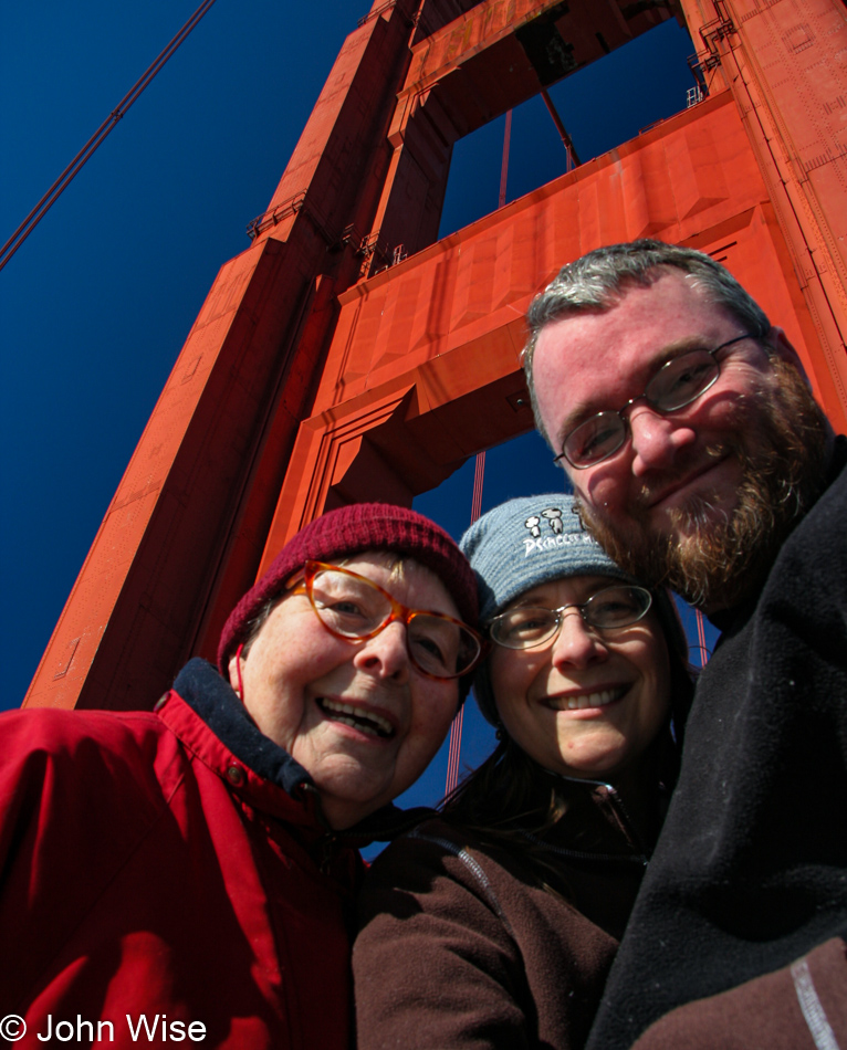 Jutta Engelhardt, Caroline Wise, and John Wise on the Golden Gate Bridge in San Francisco, California