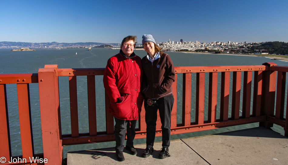 Jutta Engelhardt and Caroline Wise on the Golden Gate Bridge in San Francisco, California