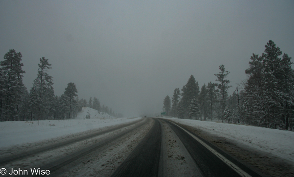 A snowy icey Interstate 17 on the way to Flagstaff, Arizona