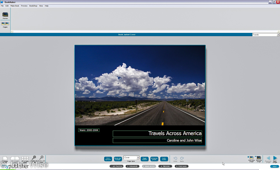 Screen capture of MyPublisher while putting together a book of travel photos from Caroline and John Wise