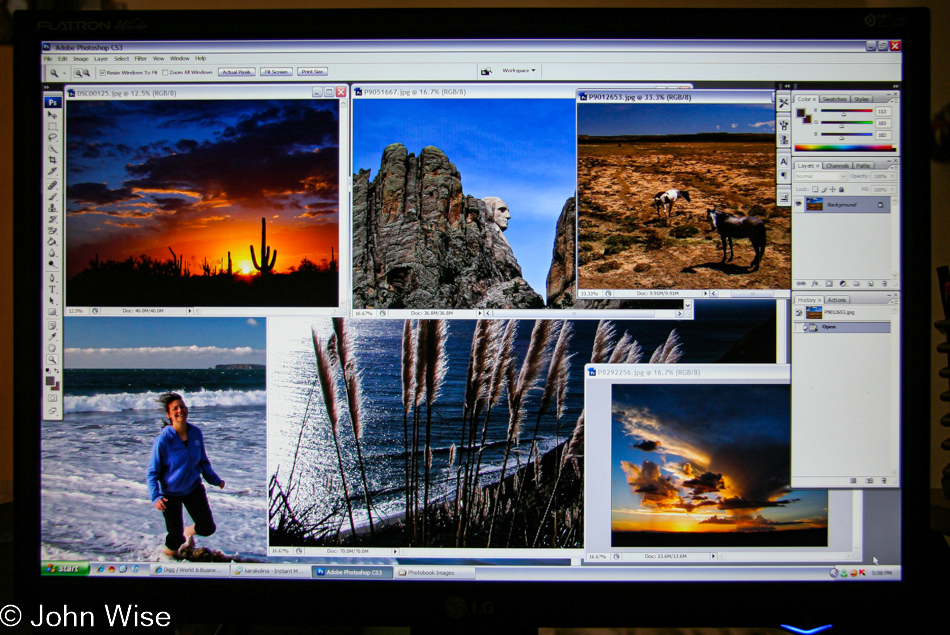 Photo of monitor and Photoshop CS3 with images from John Wise being prepared for inclusion in a book being printed by MyPublisher