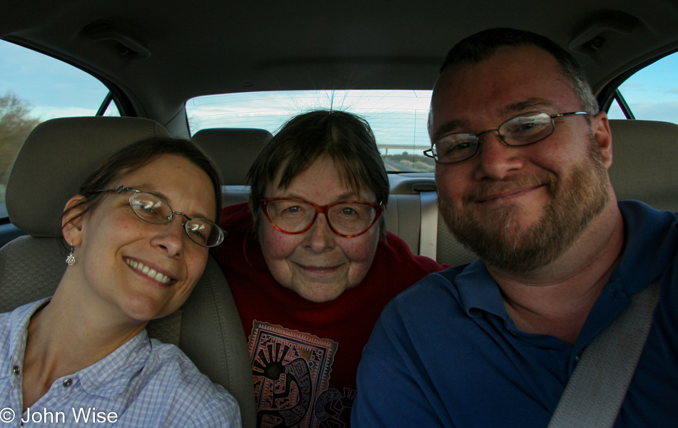 Caroline Wise, Jutta Engelhardt, and John Wise in the car on the way to Death Valley National Park in California