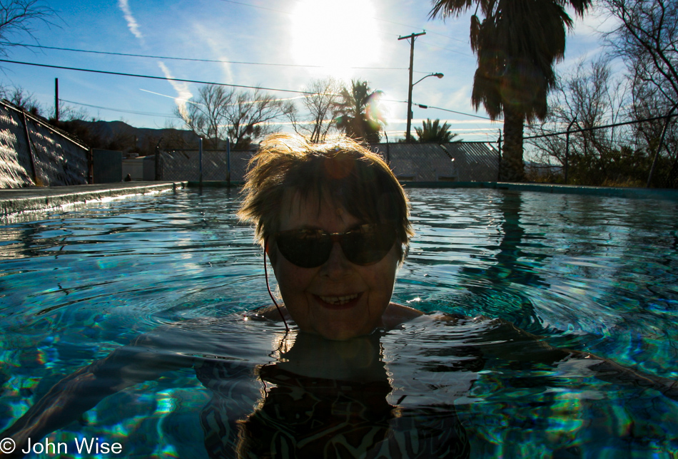 Jutta Engelhardt in the hot spring pool of Shoshone Inn in Shoshone, California