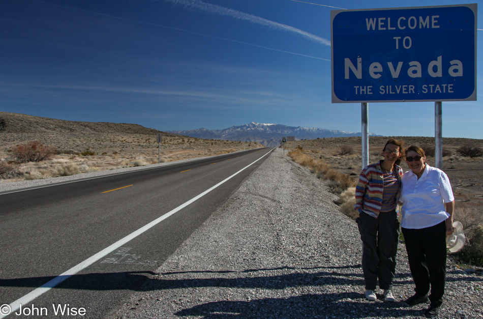 Caroline Wise and Jutta Engelhardt on the Nevada Stateline Highway 372 heading to Pahrump