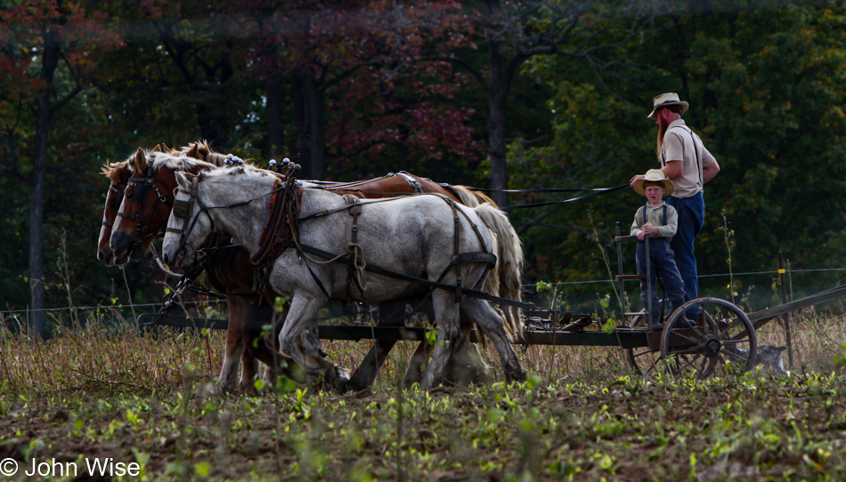 Amish father and son riding a plow being dragged by work horses in the Elkhart area of northern Indiana