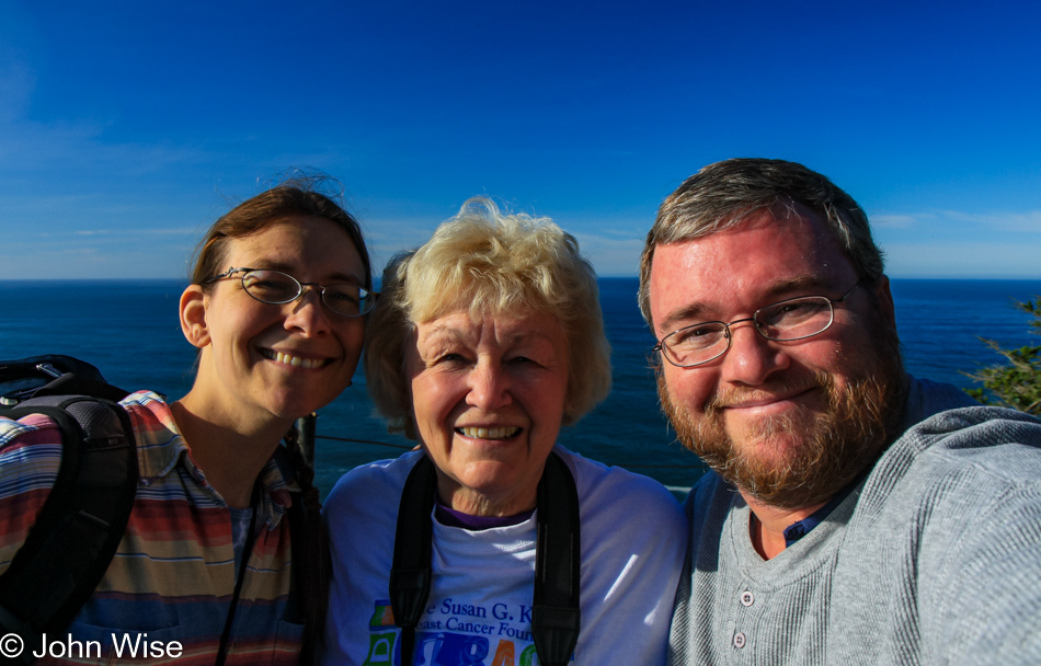 Caroline Wise and John Wise with Ann on the Cape Lookout trail in Oregon
