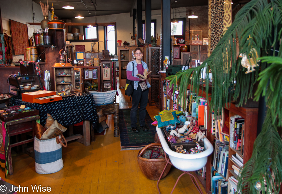 Caroline shopping at Earthues in Seattle, Washington