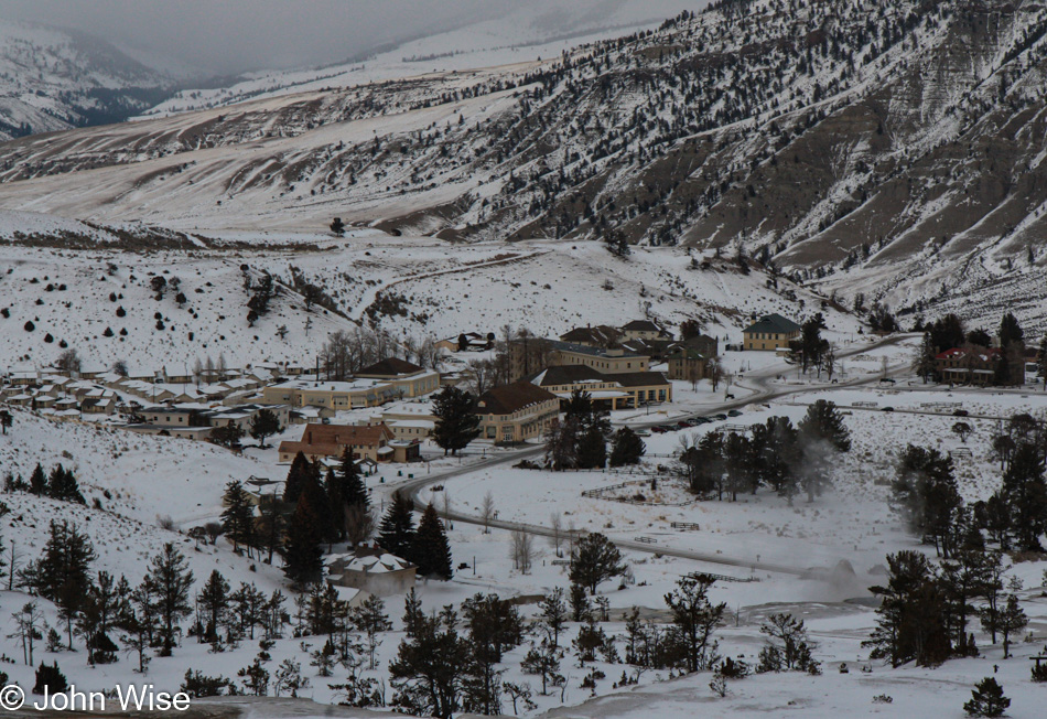 The Upper Terrace at Mammoth Hot Springs in Yellowstone National Park during a gray winter day