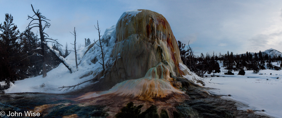 The Upper Terrace at Mammoth Hot Springs in Yellowstone National Park during a gray winter day