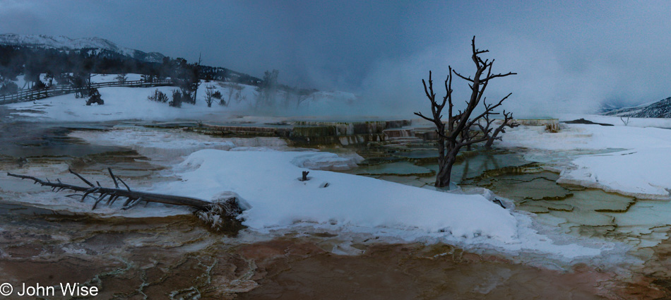 The Upper Terrace at Mammoth Hot Springs in Yellowstone National Park during a gray winter day