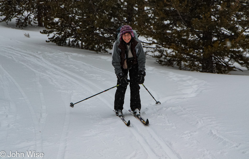 Caroline Wise on cross-country ski's in Yellowstone National Park, Wyoming