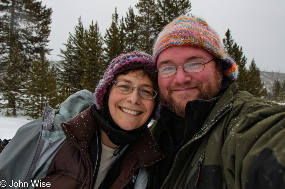 Caroline Wise and John Wise on cross-country ski's in Yellowstone National Park, Wyoming