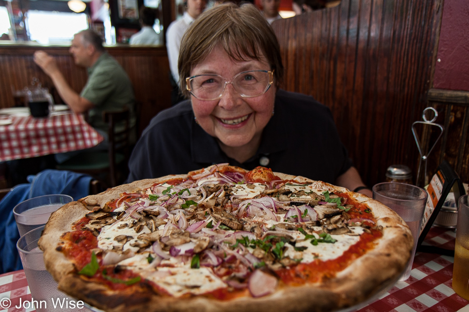 Jutta Engelhardt about to enjoy lunch at Lombardi's Pizza in New York City