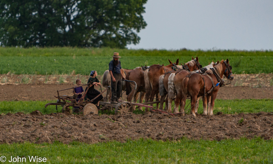 Amish man with two of his children behind a team of horses pulling a plow on their farm in Pennsylvania